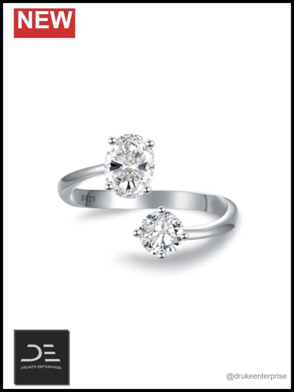Moissanite Toi Et Moi Ring 925 Sterling Silver 2.1CT Adjustable Promise Ring